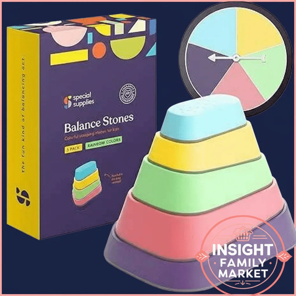 Colorful sensory balance stones toy set for kids, with packaging and pastel clock.