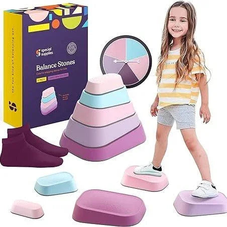 Child playing on colorful sensory balance stones set for motor skills and sensory development