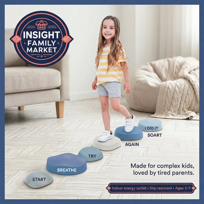Child standing on colorful stepping stones with motivational phrases in a living room, featuring the Insight Family Market logo.