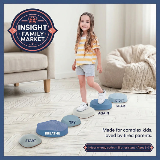 Child standing on colorful stepping stones with motivational phrases in a living room, featuring the Insight Family Market logo.