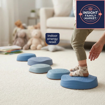 Child stepping on blue step stools in a living room with 'Insight Family Market' logo.