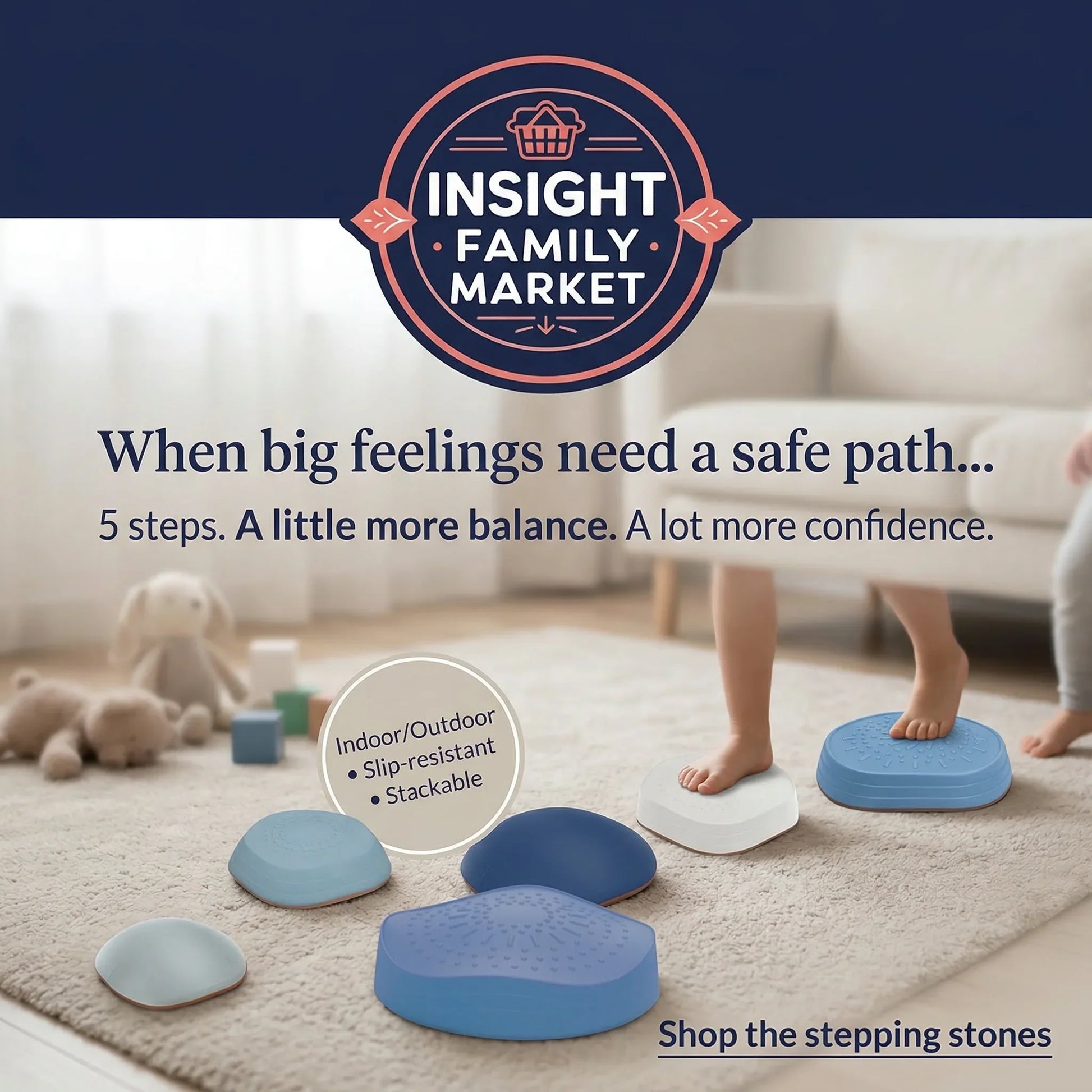 Children using blue stepping stones with Insight Family Market branding.