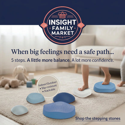 Children using blue stepping stones with Insight Family Market branding.