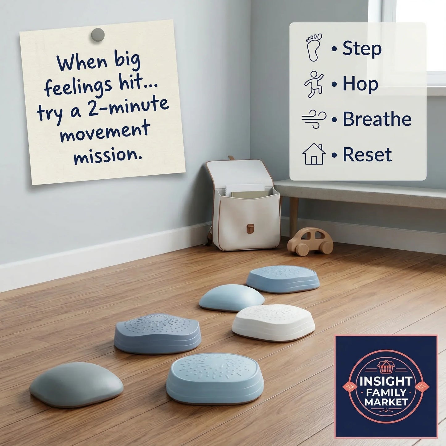 Children's room with cushions on the floor and motivational signs on the wall.