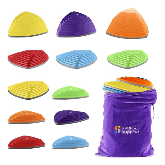 Colorful sensory stepping stones for kids' balance, with a purple storage bag.