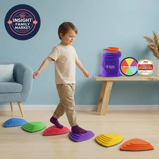 Child balancing on colorful sensory stepping stones in a playroom, sensory motor skill toy