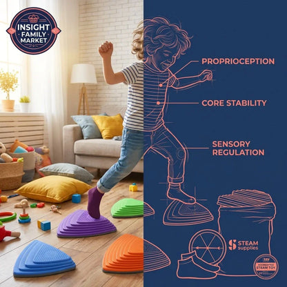 Child playing on colorful sensory balance stones in a cozy living room, supporting core stability and sensory regulation.