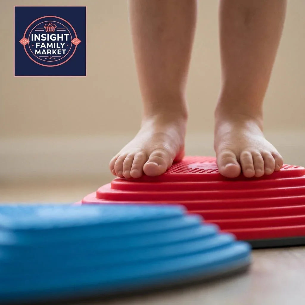 Child's bare feet balancing on red sensory stepper, blue stepper in foreground, indoor setting.