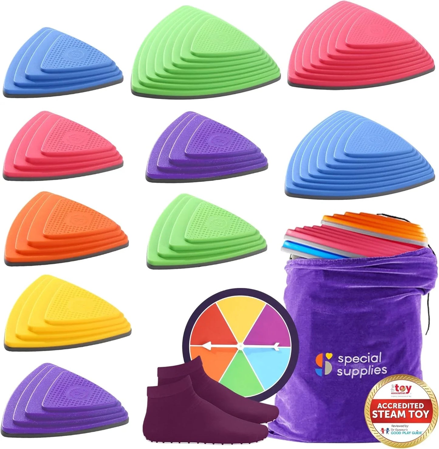 Sensory-friendly balance stepping stones set in assorted colors with storage bag, spinner, and non-slip socks, ideal for kids' gross motor skills and therapy activities.