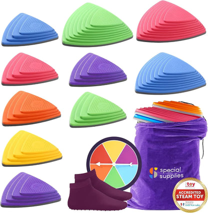 Sensory-friendly balance stepping stones set in assorted colors with storage bag, spinner, and non-slip socks, ideal for kids' gross motor skills and therapy activities.