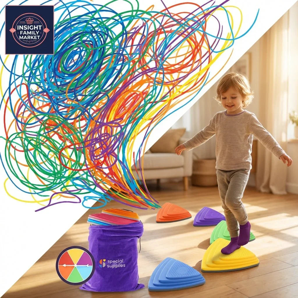 Young child balancing on colorful sensory stepping stones for focused play in a bright room