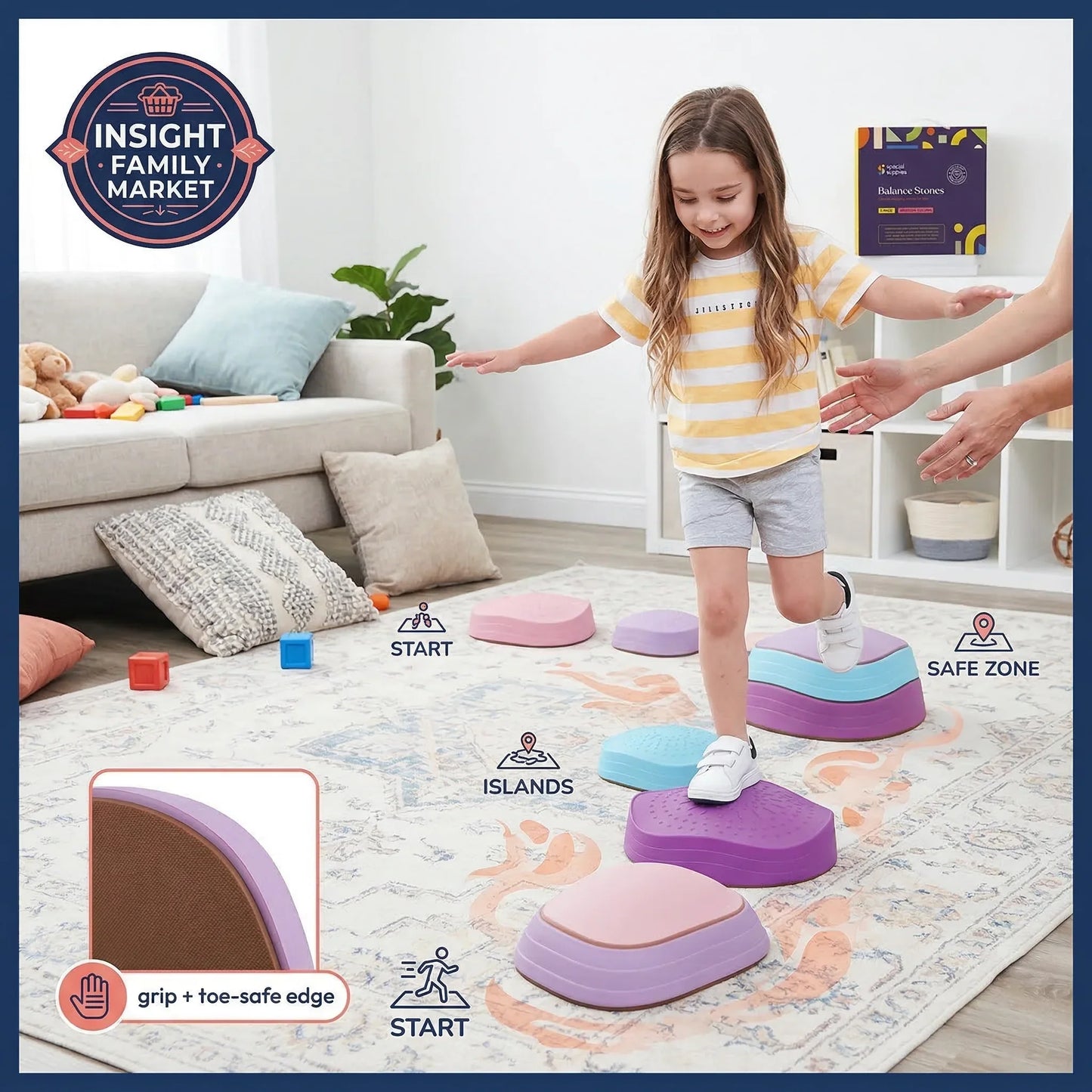 Child balancing on sensory stepping stones in a living room, demonstrating grip and safety features.