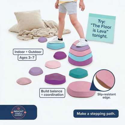 Child playing on colorful sensory balance stepping stones for building coordination, ages 3–7.