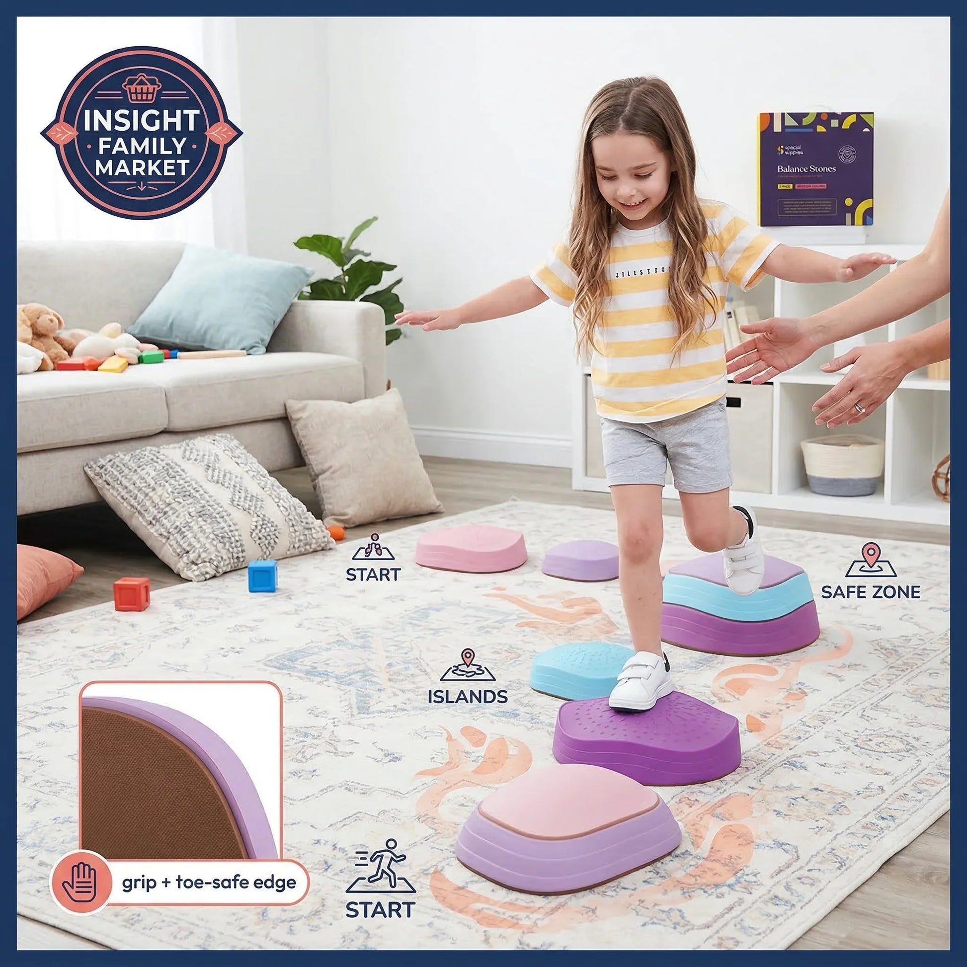Child stepping on colorful stepping stones in a living room setting with 'Insight Family Market' branding.