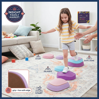 Child stepping on colorful stepping stones in a living room setting with 'Insight Family Market' branding.