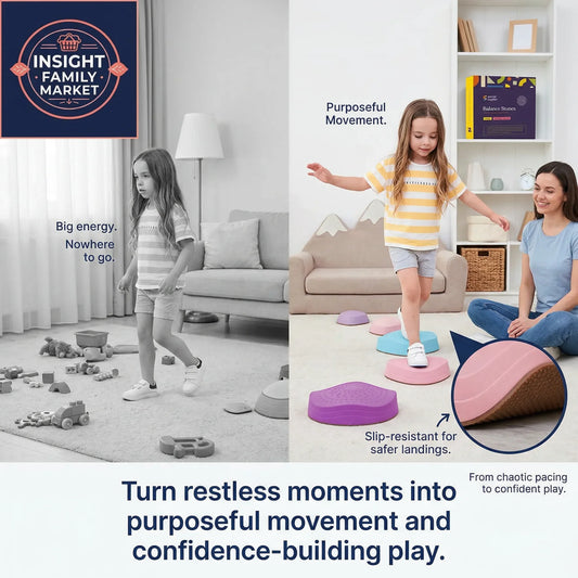 Children playing on colorful foam pads with text about purposeful movement and confidence-building play.