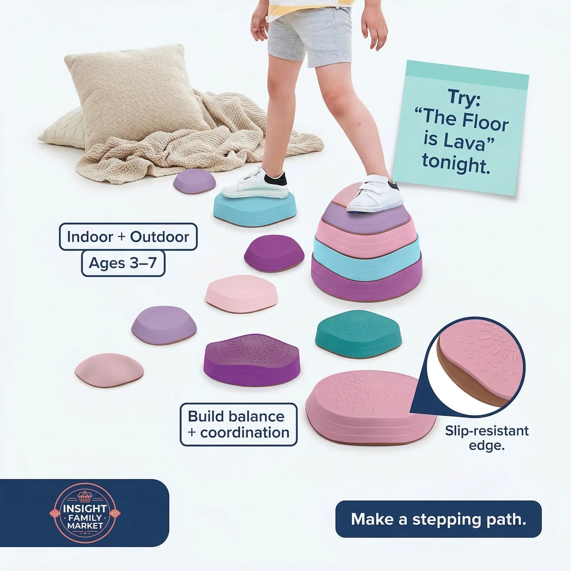Colorful stepping stones for balance and coordination with a child stepping on them, on a white background.