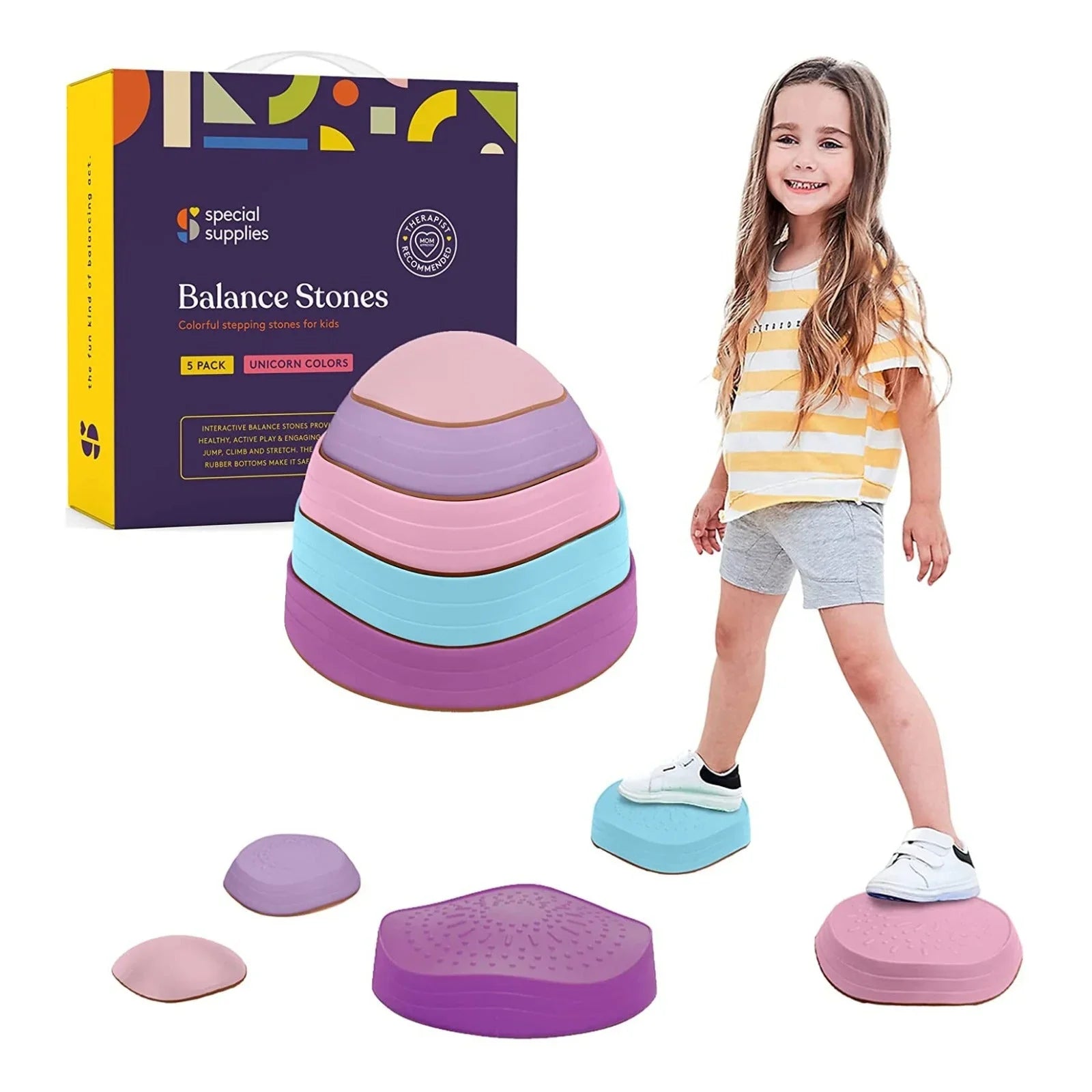 Girl playing with colorful sensory balance stepping stones for kids, ideal for motor skills and active play.