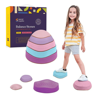 Girl playing with colorful sensory balance stepping stones for kids, ideal for motor skills and active play.