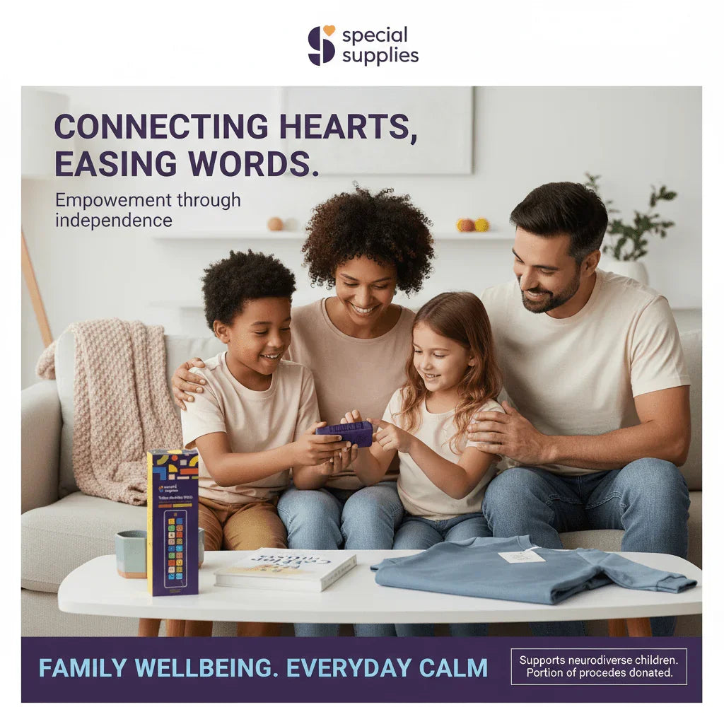 Happy family using sensory communication tool on couch, promoting neurodiversity support.