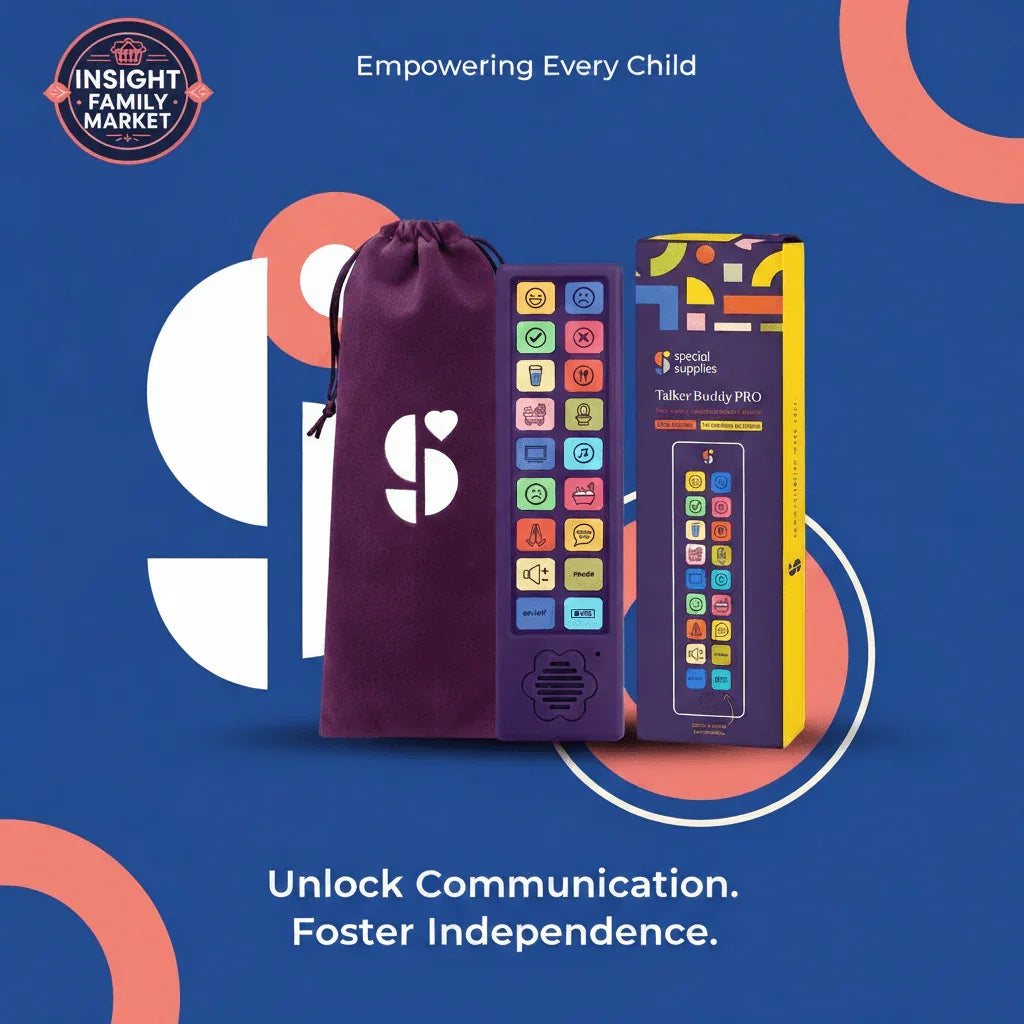 AAC speech device with colorful buttons, storage pouch, and packaging against a blue background.