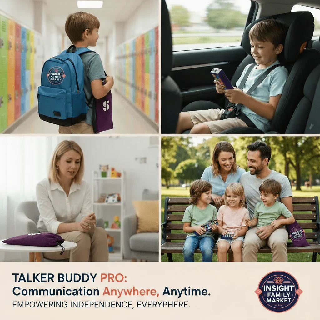 Children and adults using Talker Buddy PRO communication device in school, car, and park settings.