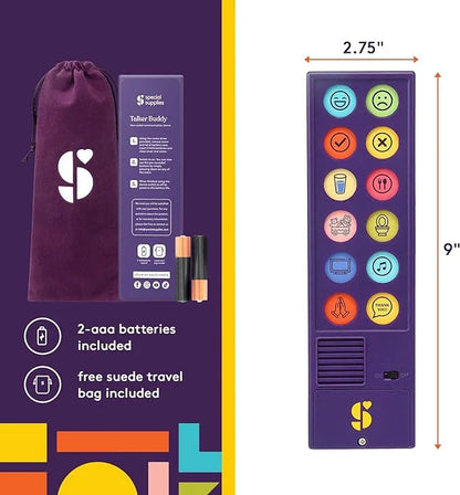 Purple AAC communication device with 12 colorful symbol buttons, batteries, and suede travel bag.