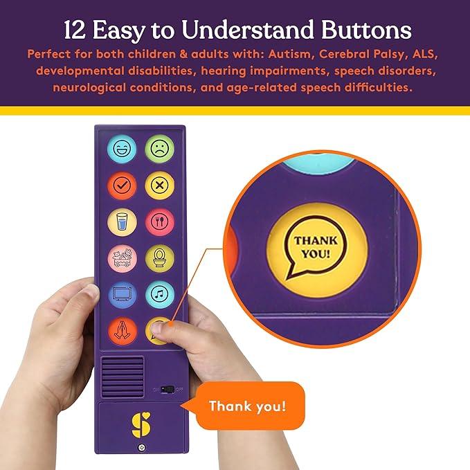 Hand holding a purple AAC communication device with 12 easy-to-understand symbol buttons, zoom on 'Thank you' button.