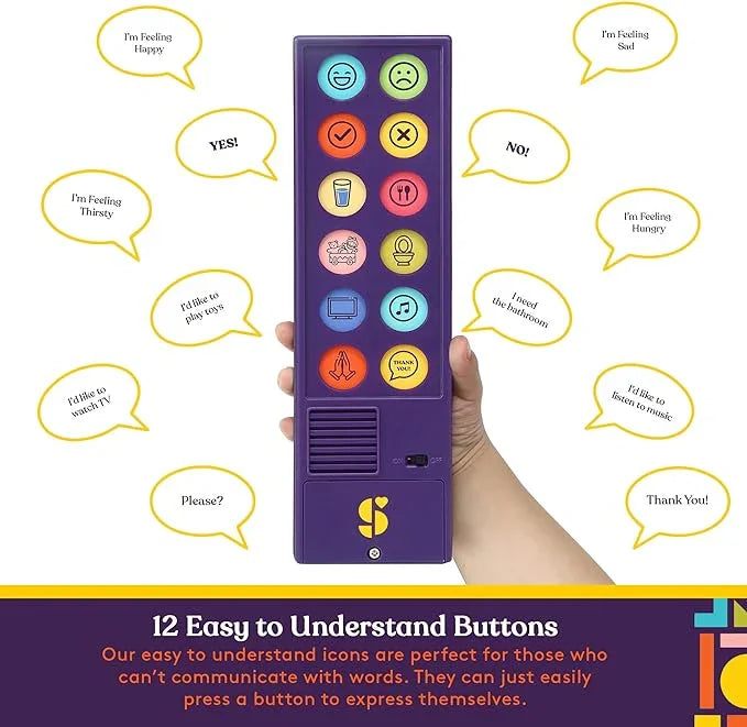 Hand holding a purple speech device with 12 easy communication buttons and visual icons for nonverbal users.