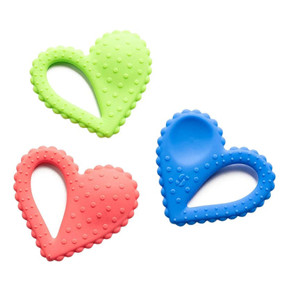 Set of three heart-shaped sensory chew toys in green, coral pink, and blue