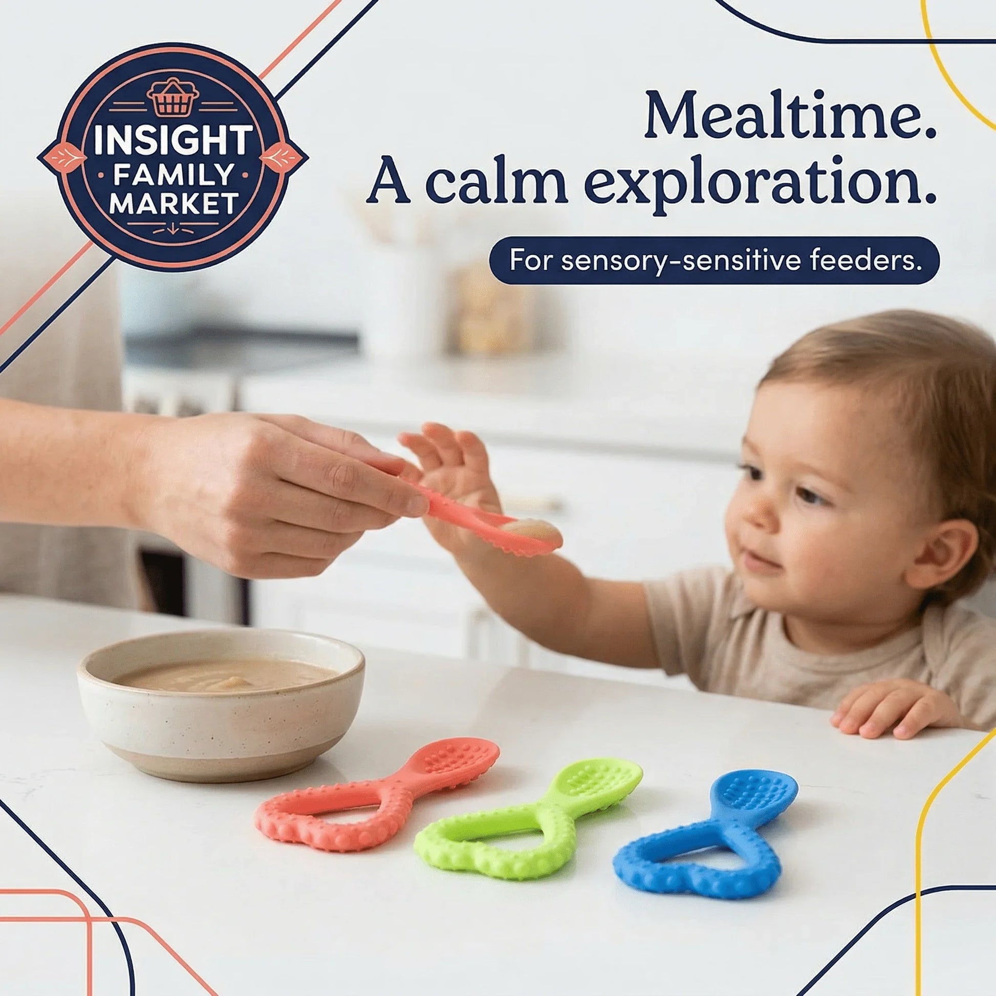 Toddler being fed with a spoon, silicone sensory chew tools for sensitive eaters on table.