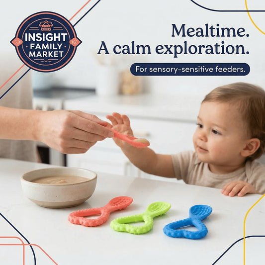 Toddler being fed with a spoon, silicone sensory chew tools for sensitive eaters on table.