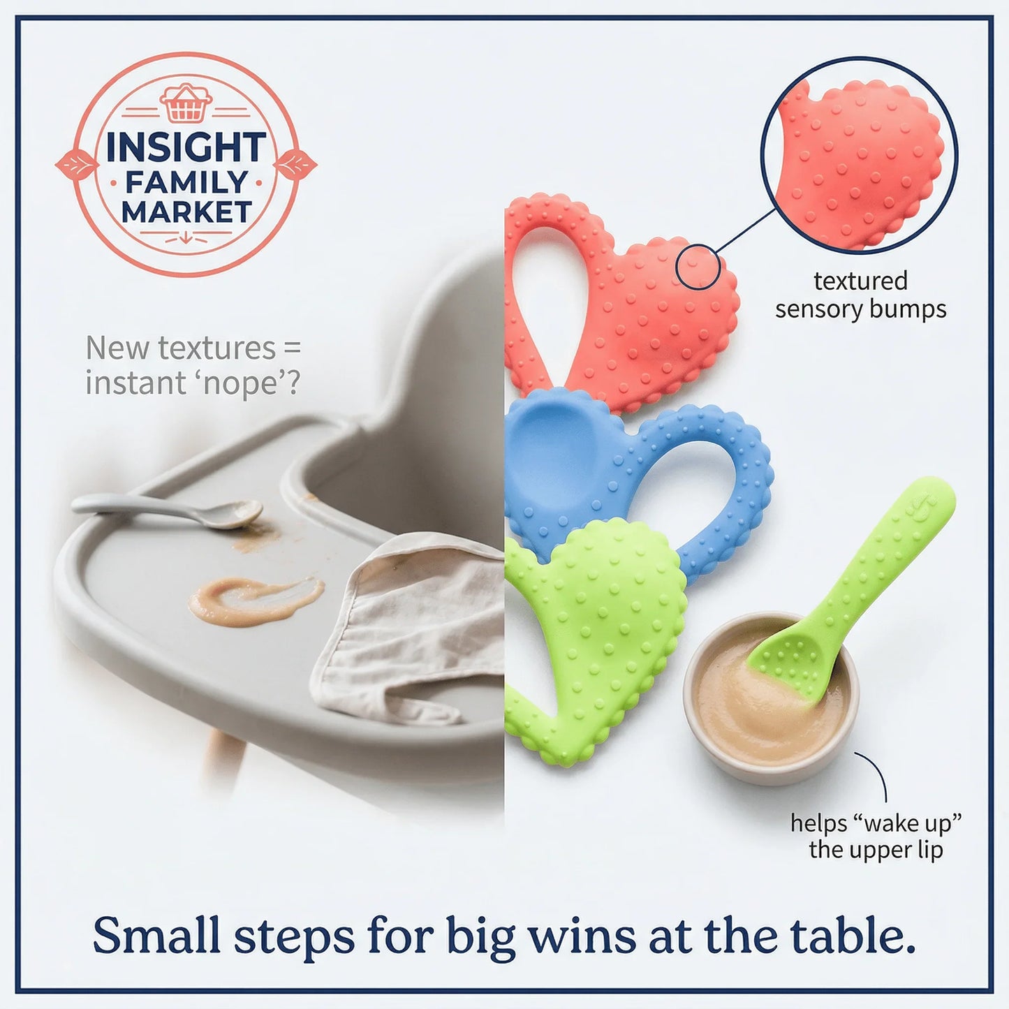 Sensory eating tools with textured bumps, toddler spoon, and baby food for sensory-friendly feeding.