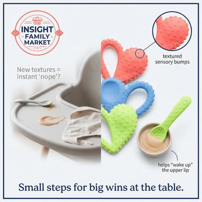 Sensory eating tools with textured bumps, toddler spoon, and baby food for sensory-friendly feeding.