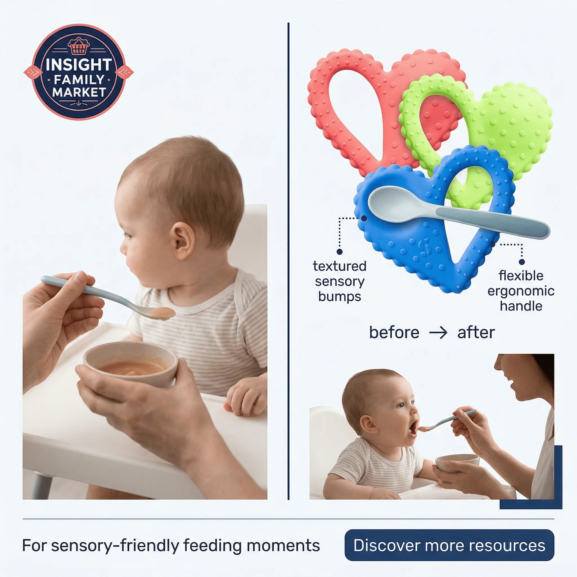 Baby eating with sensory-friendly spoon featuring textured handle and ergonomic design.