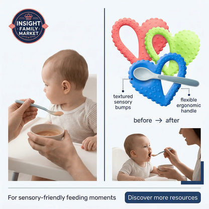 Baby eating with sensory-friendly spoon featuring textured handle and ergonomic design.