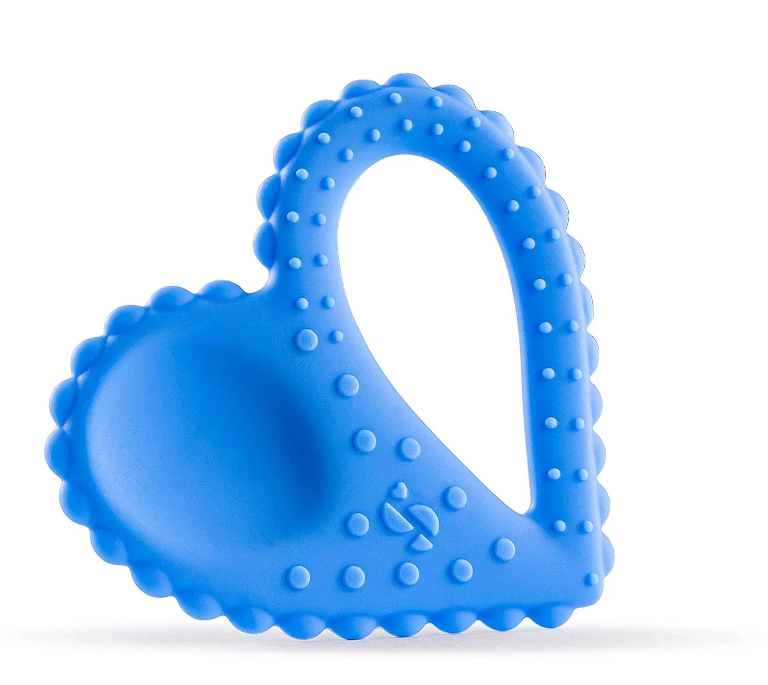 Blue heart-shaped silicone sensory chew toy with textured bumps for oral stimulation