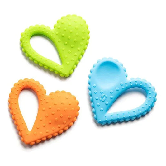Set of three heart-shaped sensory chew toys in orange, green, and blue with textured bumps