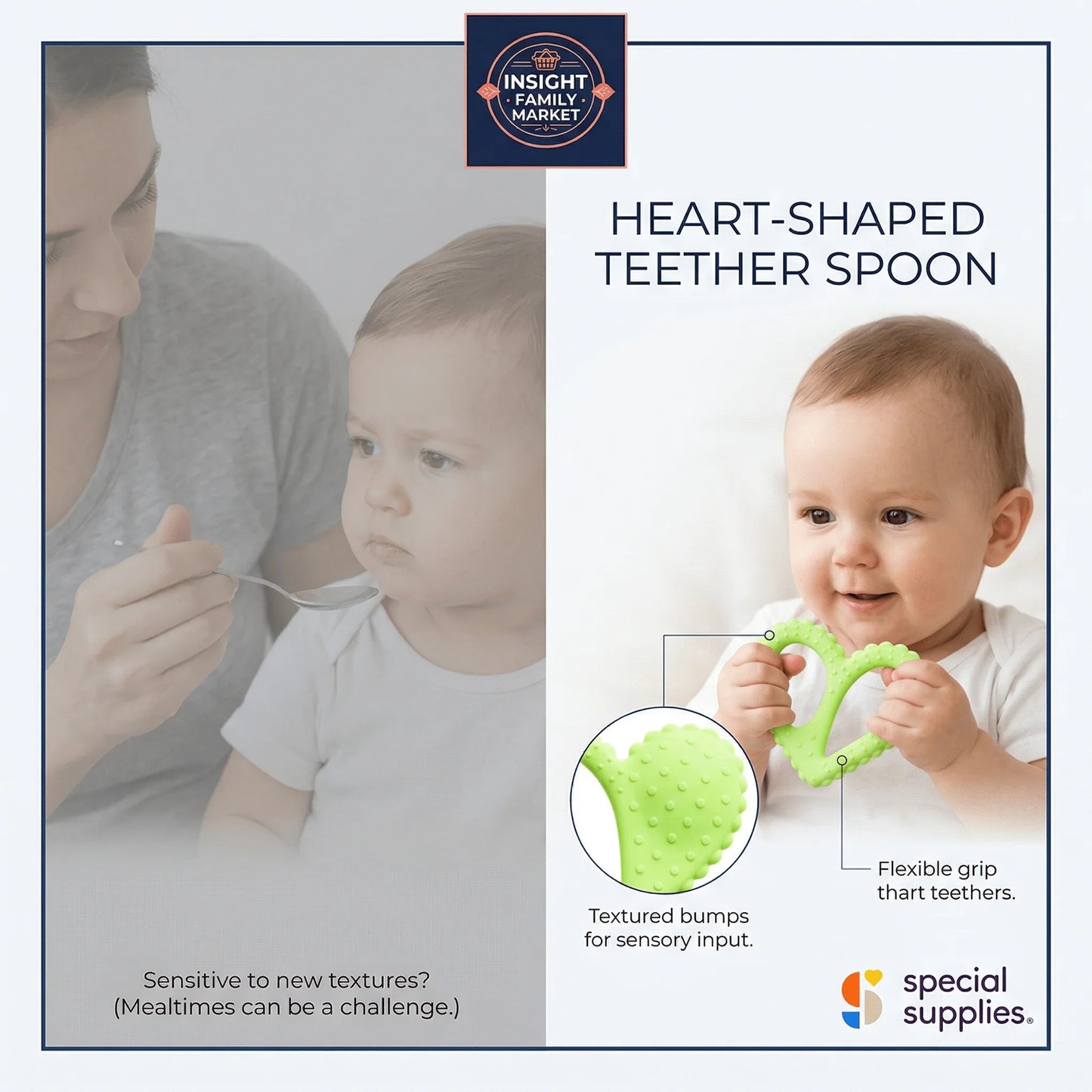Baby holding a green heart-shaped teether spoon with textured bumps for sensory input.