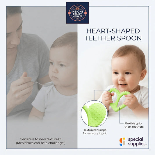 Baby holding a green heart-shaped teether spoon with textured bumps for sensory input.