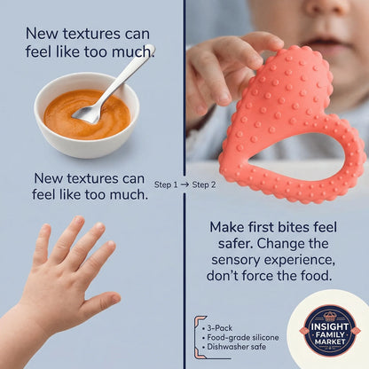 Baby hand and teether, pureed food, sensory-friendly silicone teething toy for easier mealtimes