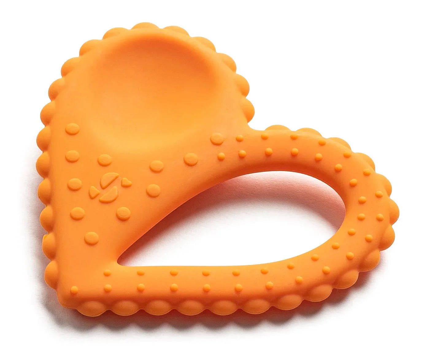 Orange heart-shaped sensory chew toy with textured bumps for oral and tactile input