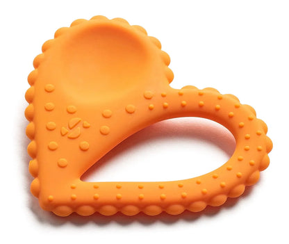 Orange heart-shaped sensory chew toy with textured bumps for oral and tactile input