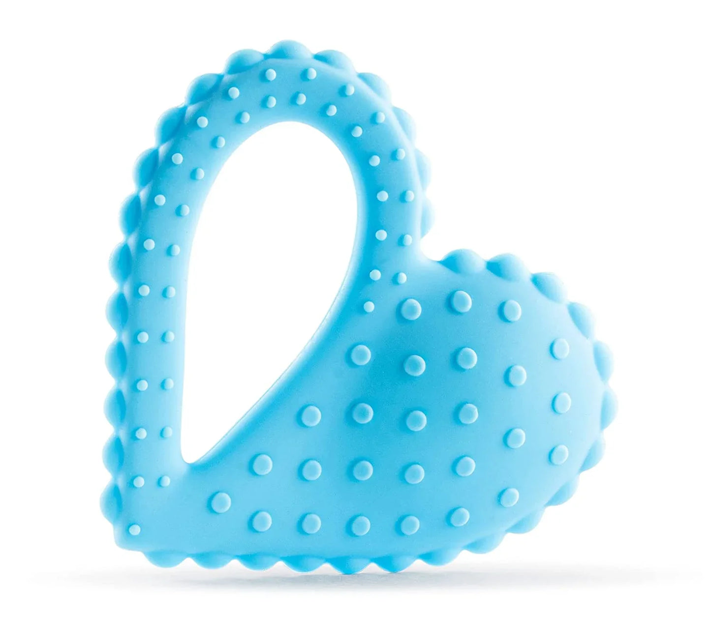 Blue heart-shaped silicone sensory chew toy with textured bumps on a white background
