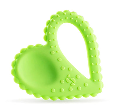 Green heart-shaped silicone sensory chew toy with textured bumps for oral stimulation
