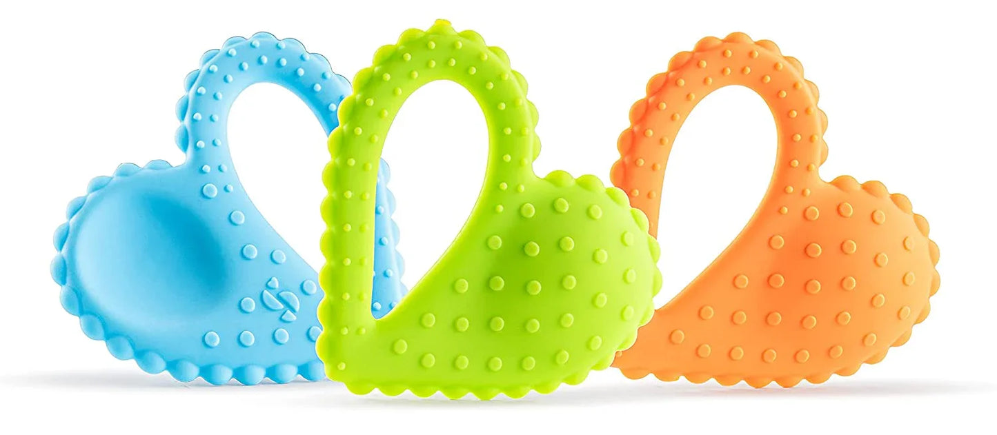 Set of three heart-shaped sensory chew toys in blue, green, and orange with textured bumps