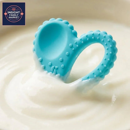 Blue sensory chew toy for neurodiverse kids in creamy white liquid