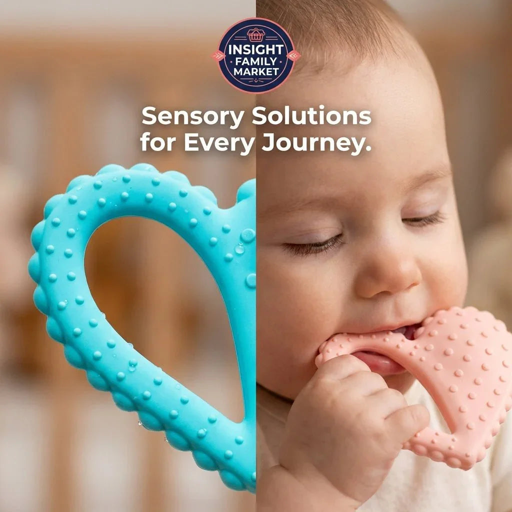Baby chewing textured heart-shaped sensory teether for gum relief