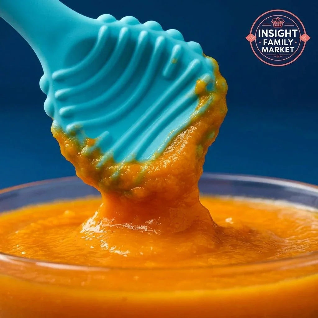 Blue sensory feeding spoon scooping orange puree, ideal for neurodiverse kids.