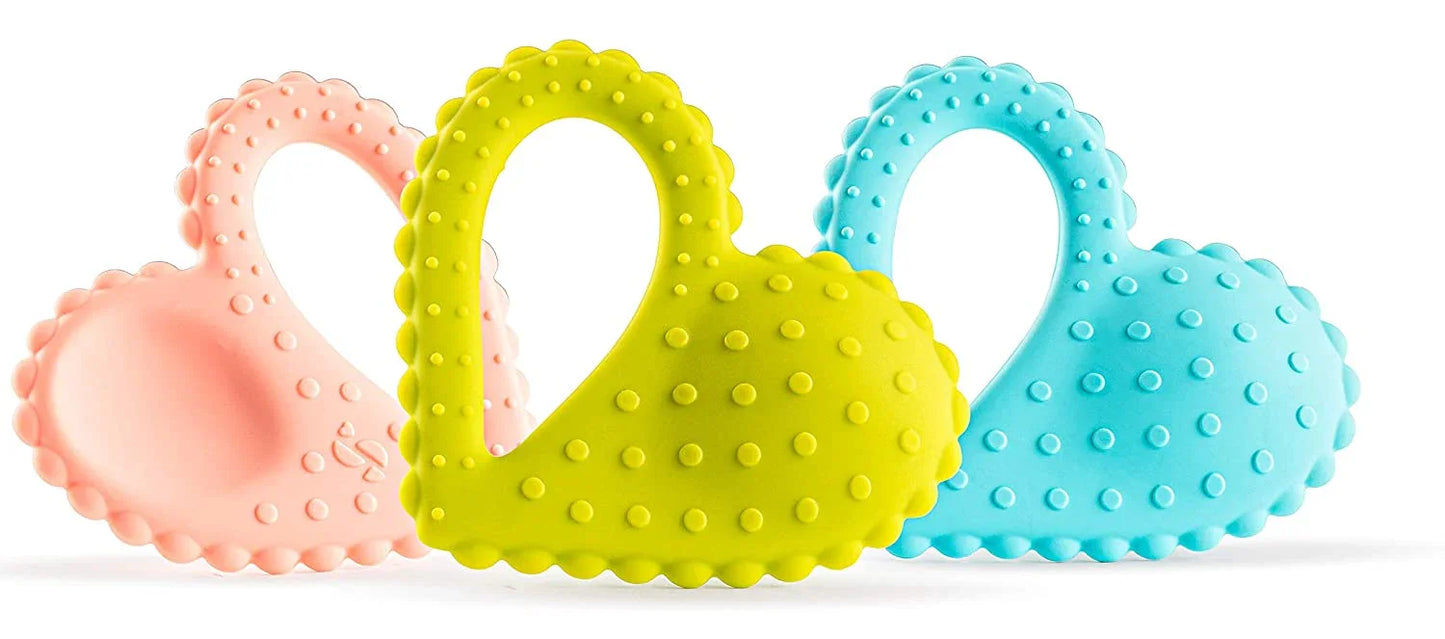 Set of three silicone sensory chew toys in pastel pink, yellow, and blue with textured bumps.